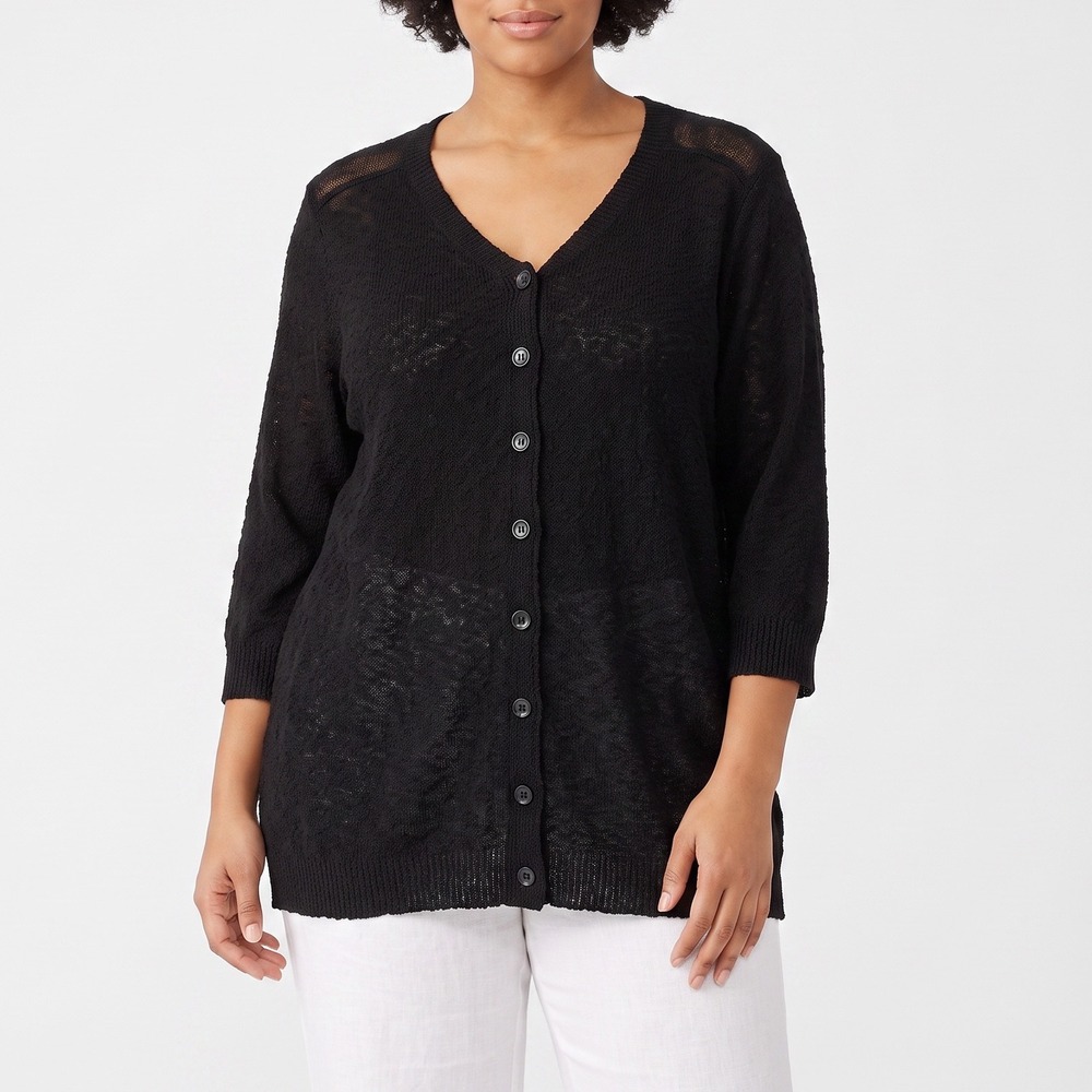 Preswick & Moore Cardigan Women 1X Black Button-Down 3/4 Sleeve NEW